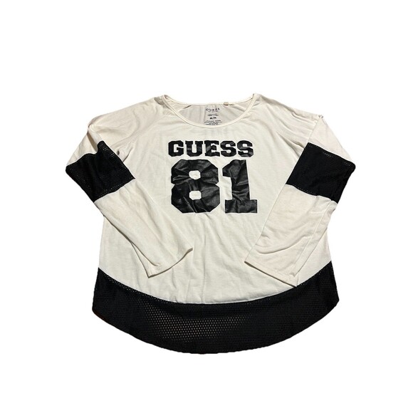 GUESS 81 Women’s Long Sleeve Mesh Panel Top Size M White Black Graphic Logo - Picture 1 of 6